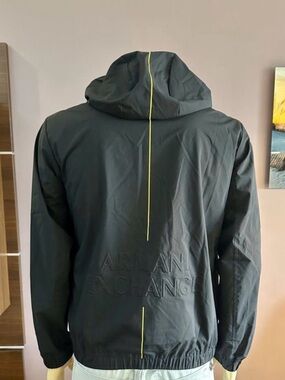 Armani Exchange Black Hooded Windbreaker with Yellow Center Stripe